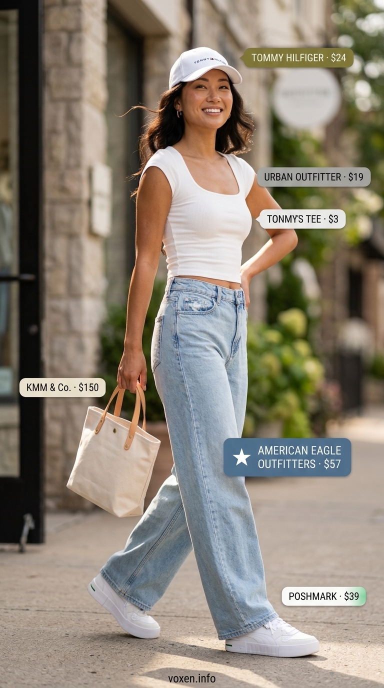 Casual Cali Cool summer wide leg pants outfits for women 2026: light wash denim jeans, white crop top, pastel green sneakers.