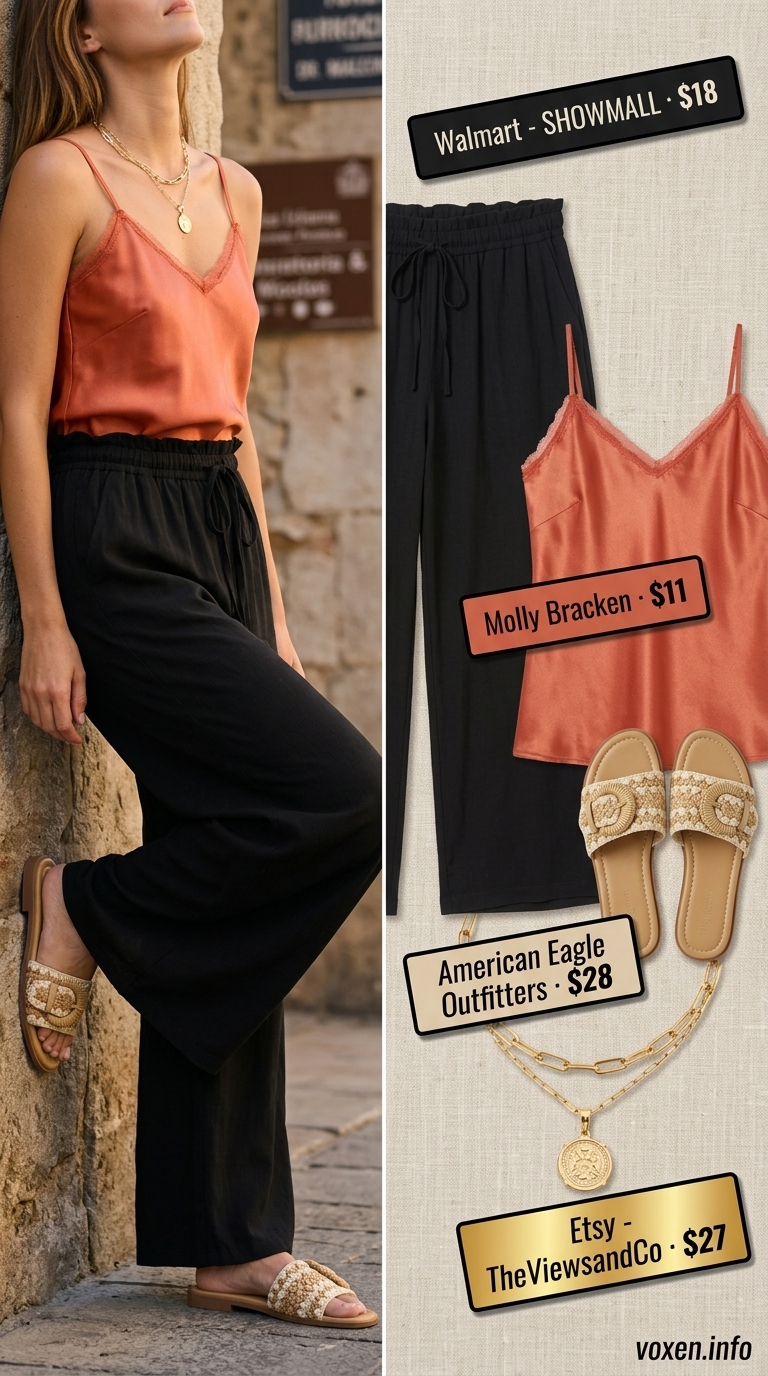 Desert Oasis Evening summer wide leg pants outfits for women 2026: black flowy pants, terracotta camisole, straw crossbody bag.