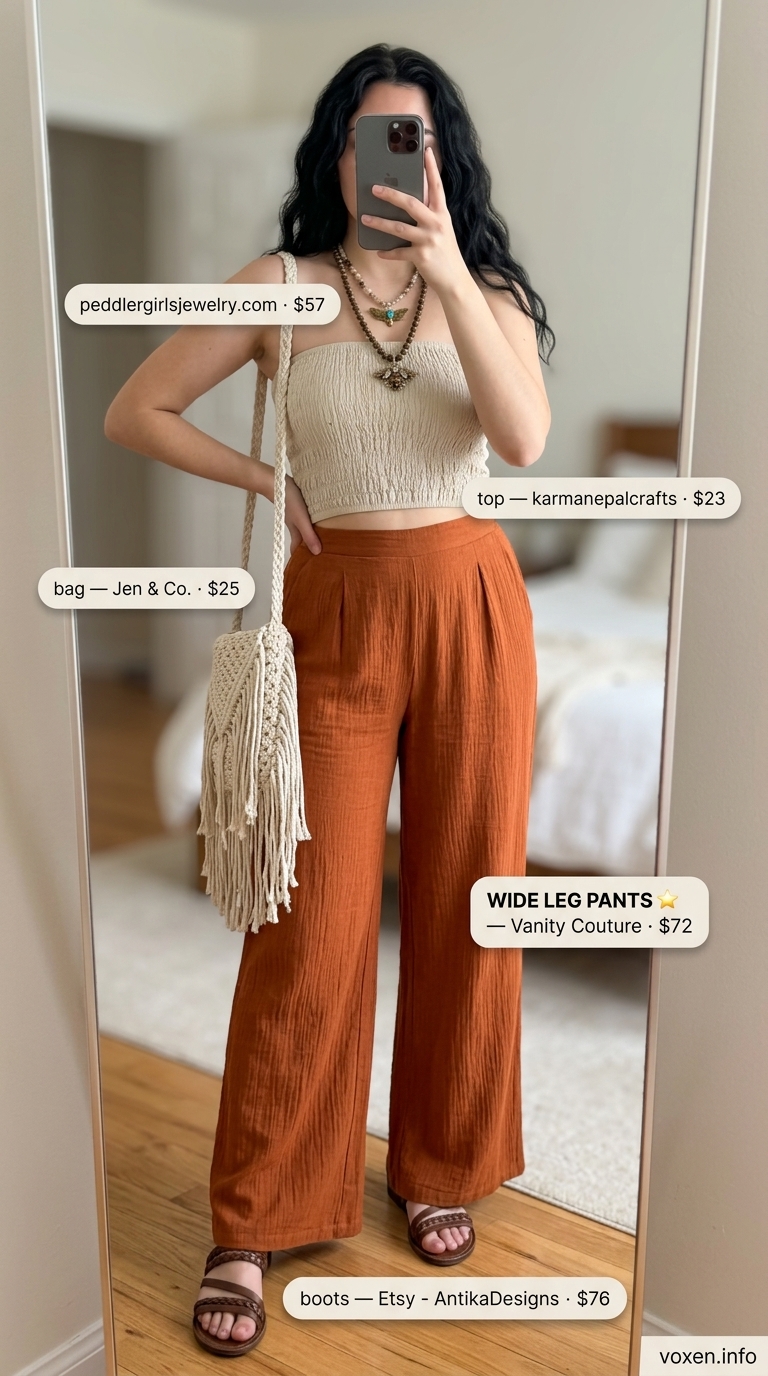Summer wide leg pants outfits for women 2026: Rust orange pants, cream top, macrame bag for festival.