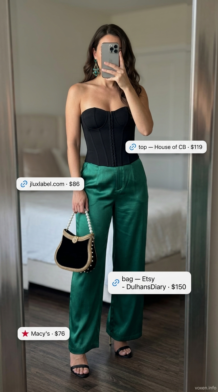 Summer wide leg pants outfits for women 2026: Emerald green pants, black bustier, gold earrings for gala.