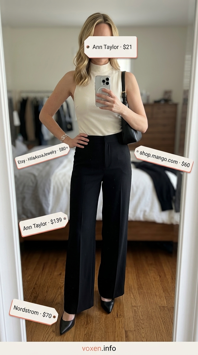 Gallery Opening Glam summer wide leg pants outfits for women 2026: jet black flowing pants, white mock neck top, kitten heels.