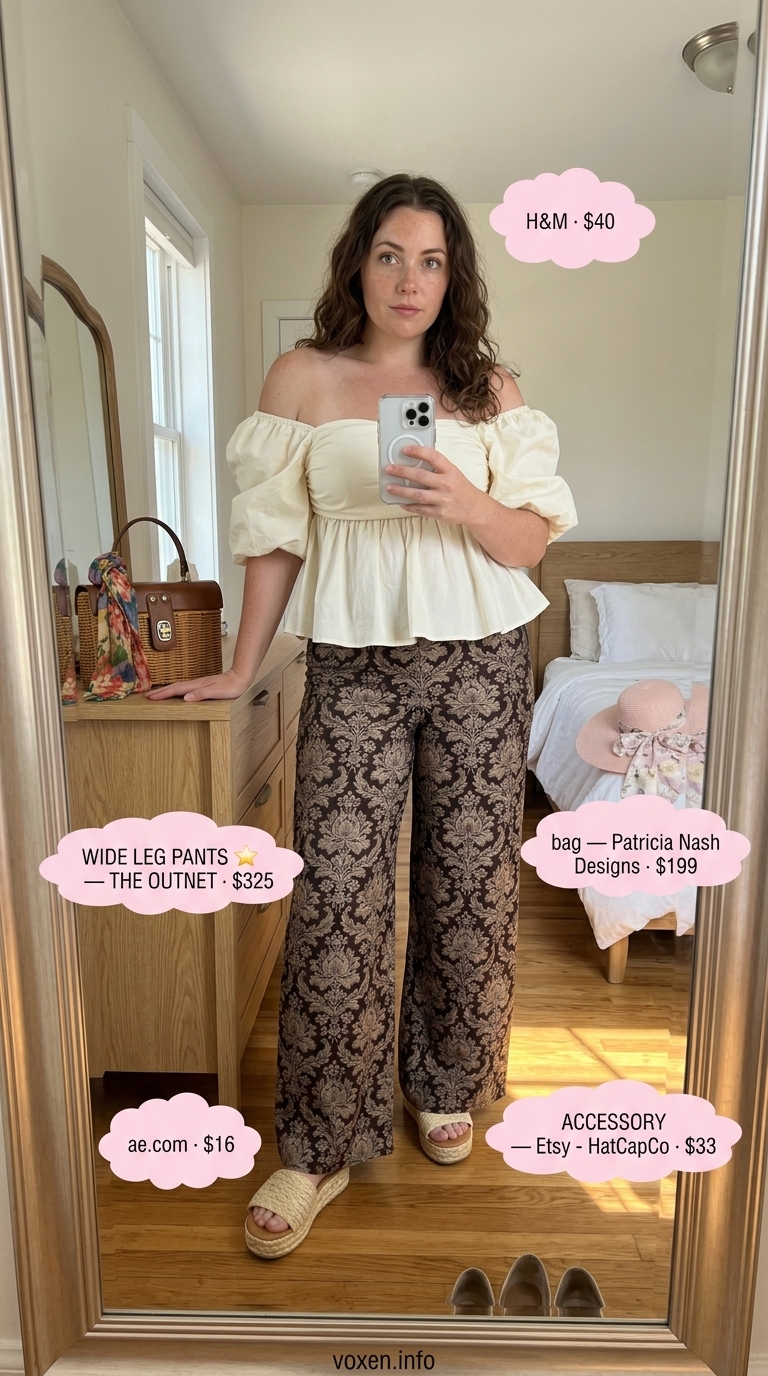 Summer wide leg pants outfits for women 2026: Floral chiffon pants, cream smocked top, straw hat for garden party.