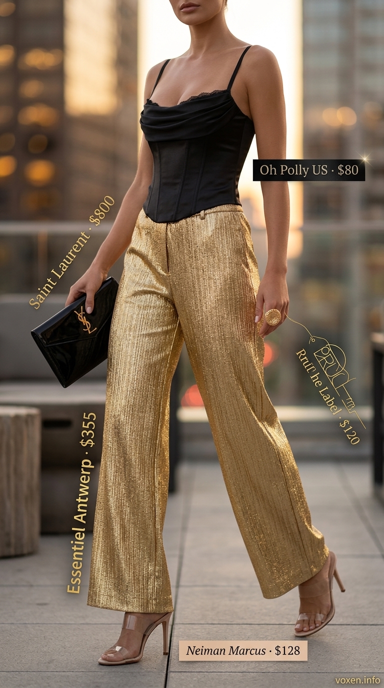 Golden Hour Glam summer wide leg pants outfits for women 2026: metallic gold pants, black bustier, clear heels.