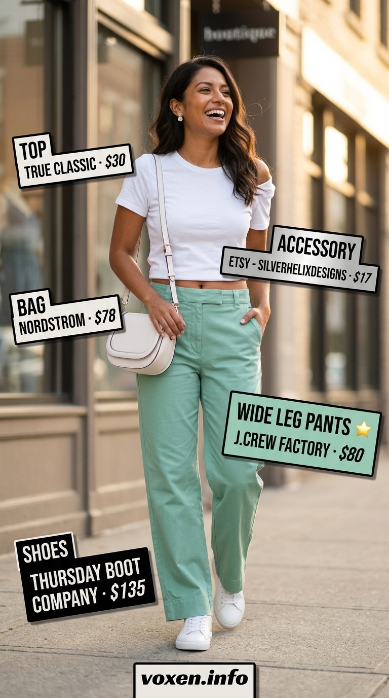 Cool Mint City Dweller summer wide leg pants outfits for women 2026: mint green trousers, white tee, white sneakers.