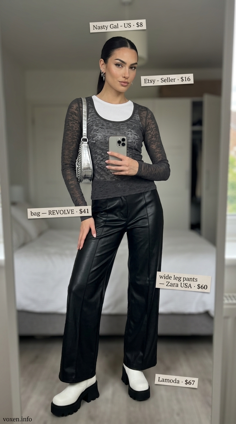 Summer wide leg pants outfits for women 2026: Black faux leather pants, mesh top, platform boots for night out.