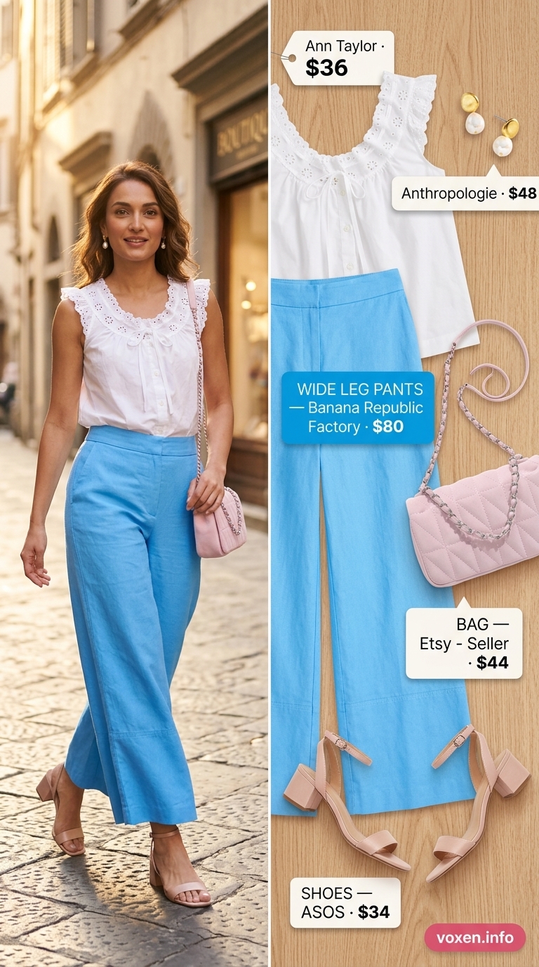 Sky blue cropped wide leg pants with eyelet blouse for summer wide leg pants outfits for women 2026.