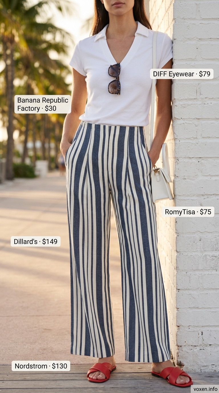 Preppy Beach Club summer wide leg pants outfits for women 2026: navy stripe linen pants, white polo, mini top-handle bag.
