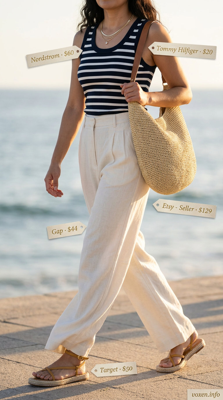 Summer wide leg pants outfits for women 2026: White linen pants, navy tank, straw tote for resort brunch.