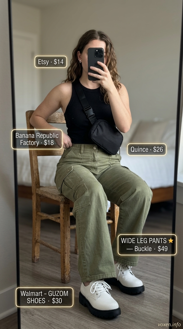 Olive green cargo wide leg pants with a black tank and sneakers for summer wide leg pants outfits for women 2026.