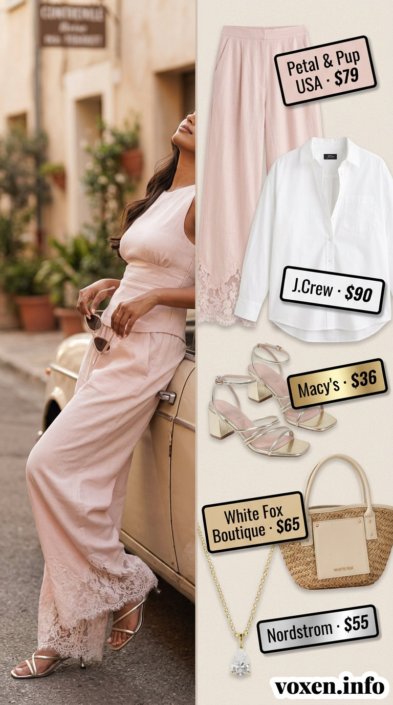 Summer Sunset Elegance summer wide leg pants outfits for women 2026: blush pink fluid pants, white oversized shirt, straw bag.