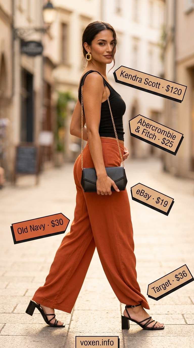 Terracotta Sunset Soirée summer wide leg pants outfits for women 2026: burnt orange knit pants, black tank, black heels.