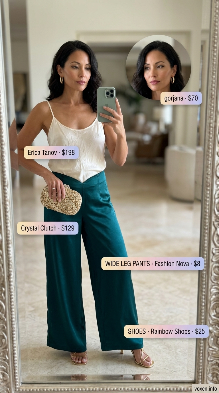 Teal palazzo pants with a white polo and gold accessories for summer wide leg pants outfits for women 2026.