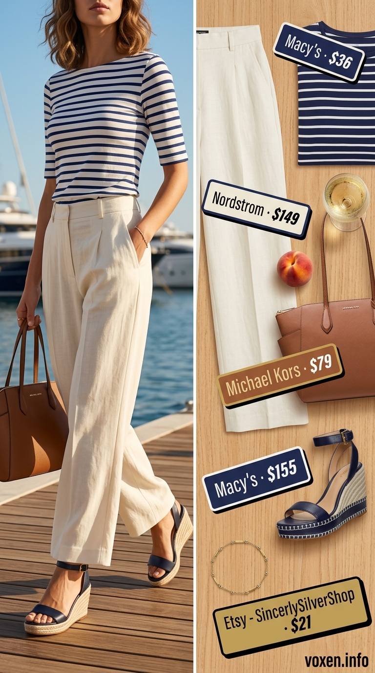 Summer wide leg pants outfits for women 2026: Ivory pants, navy top, espadrilles for yacht club.