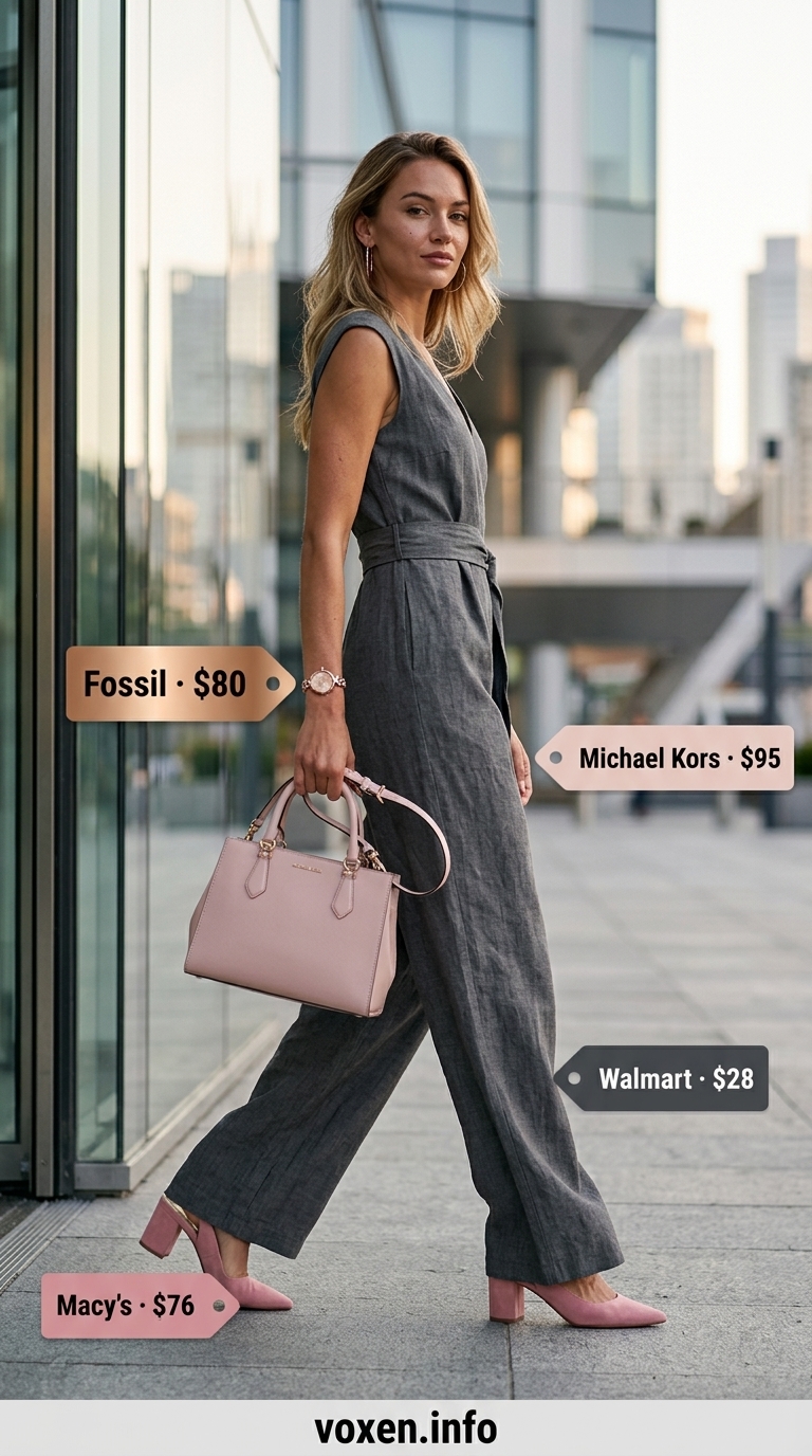 Summer work outfits for the office for women 2026: Charcoal wide-leg jumpsuit, blush pink pumps, and rose gold watch for business travel.