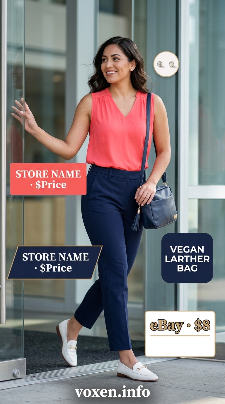 Summer work outfits for the office for women 2026: Coral blouse, navy trousers, white loafers for an elevated casual Friday.