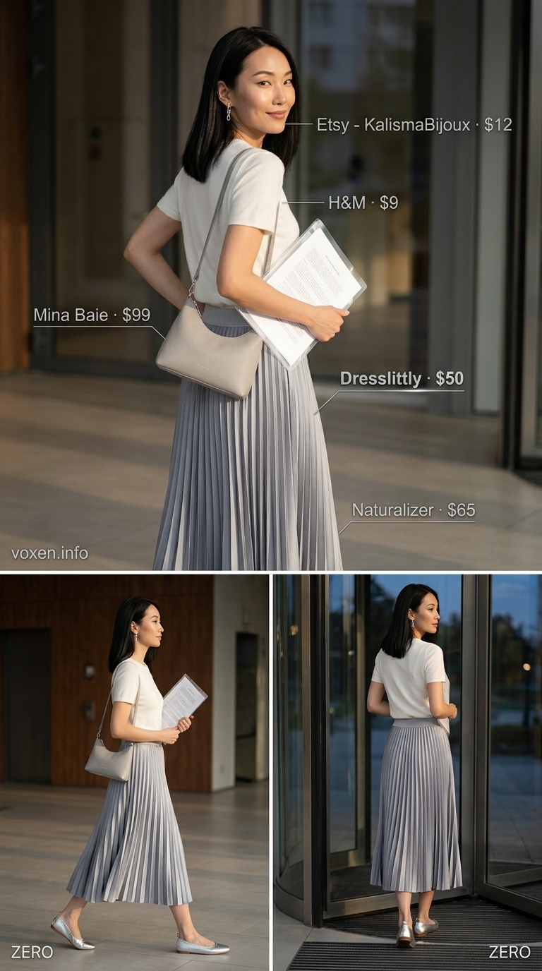 Summer work outfits for the office for women 2026: Grey pleated skirt, ivory knit top, silver flats for a team lunch.