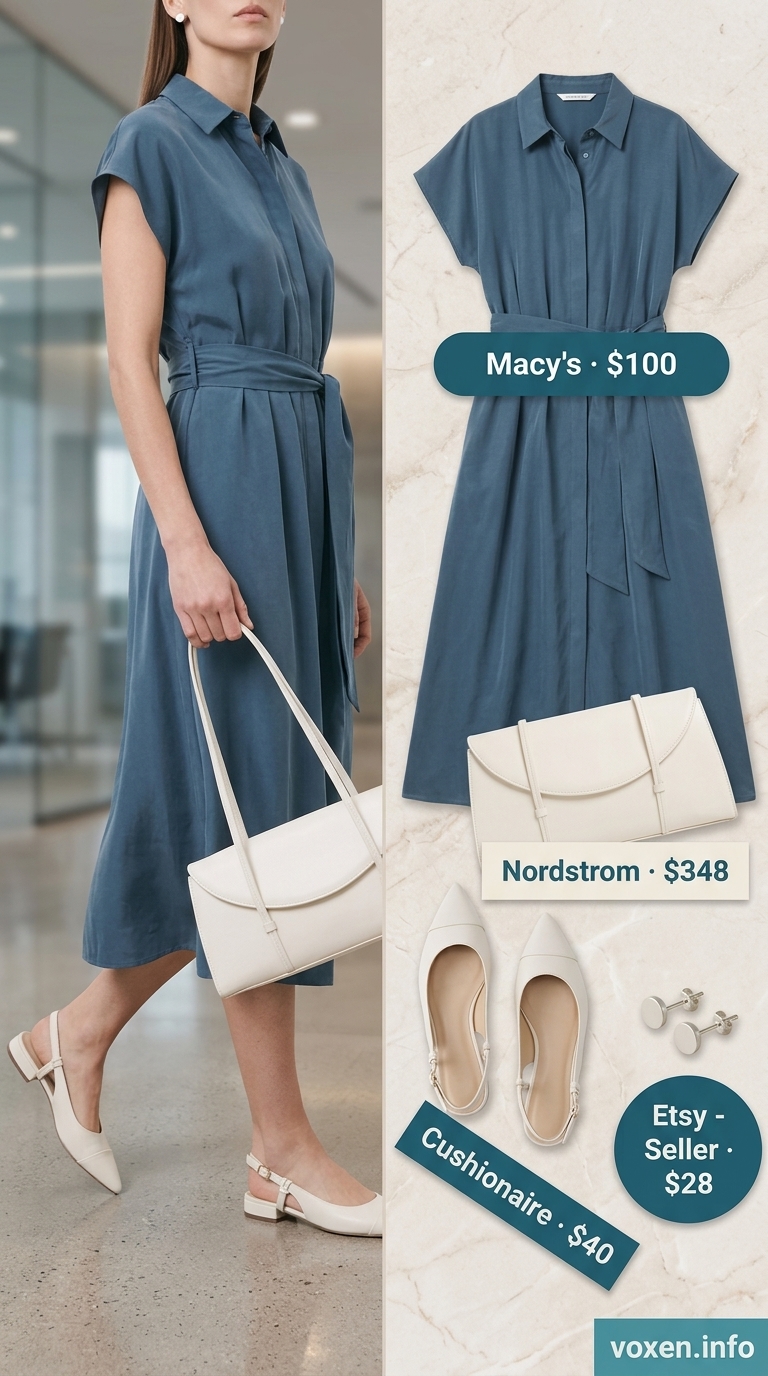 Summer work outfits for the office for women 2026: Dusty blue shirt dress, cream slingbacks, and silver earrings for a client lunch.