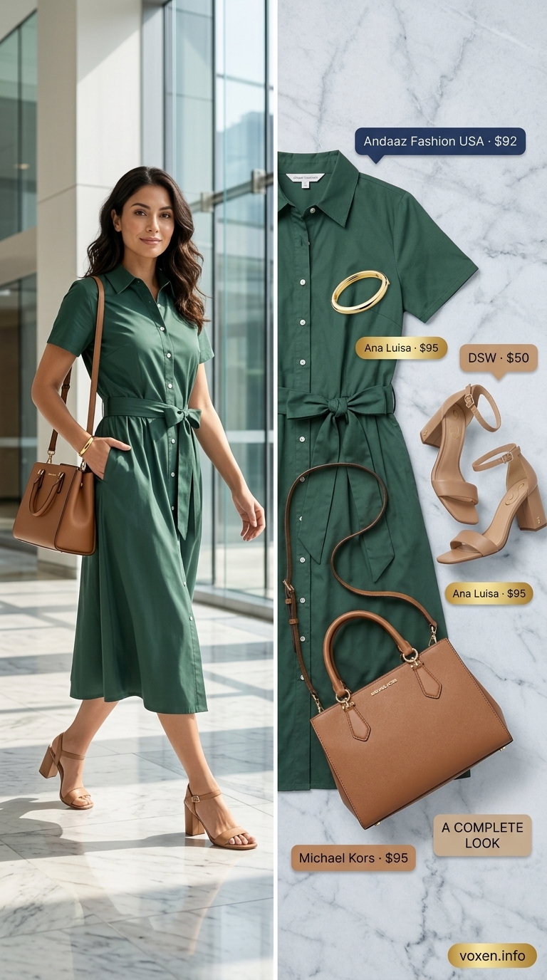 Summer work outfits for the office for women 2026: Forest green shirt dress, tan block heels, and gold bangle for casual Friday.