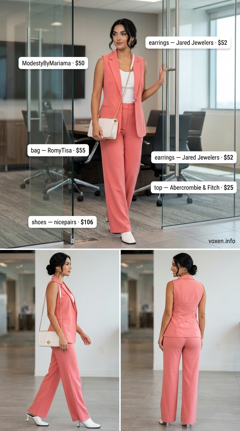 Summer work outfits for the office for women 2026: Coral vest and shorts set, white tank, white mules for a fashion-forward office.
