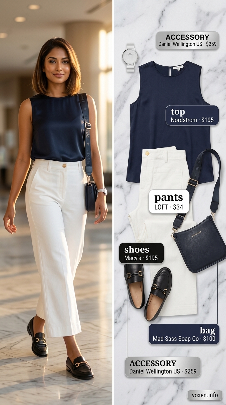 Summer work outfits for the office for women 2026: White cropped trousers, navy pussy-bow blouse, loafers for professional look.