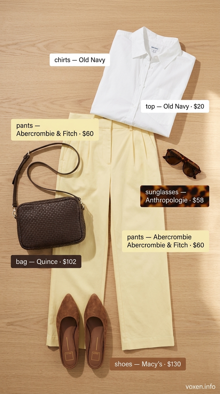 Summer work outfits for the office for women 2026: Soft yellow culottes, white button-down, brown mules for relaxed professional look.