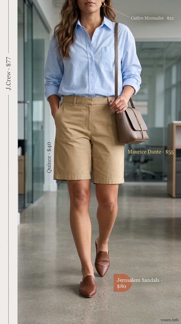 Khaki Bermuda shorts for summer work outfits for the office for women 2026. Smart casual with light blue shirt.