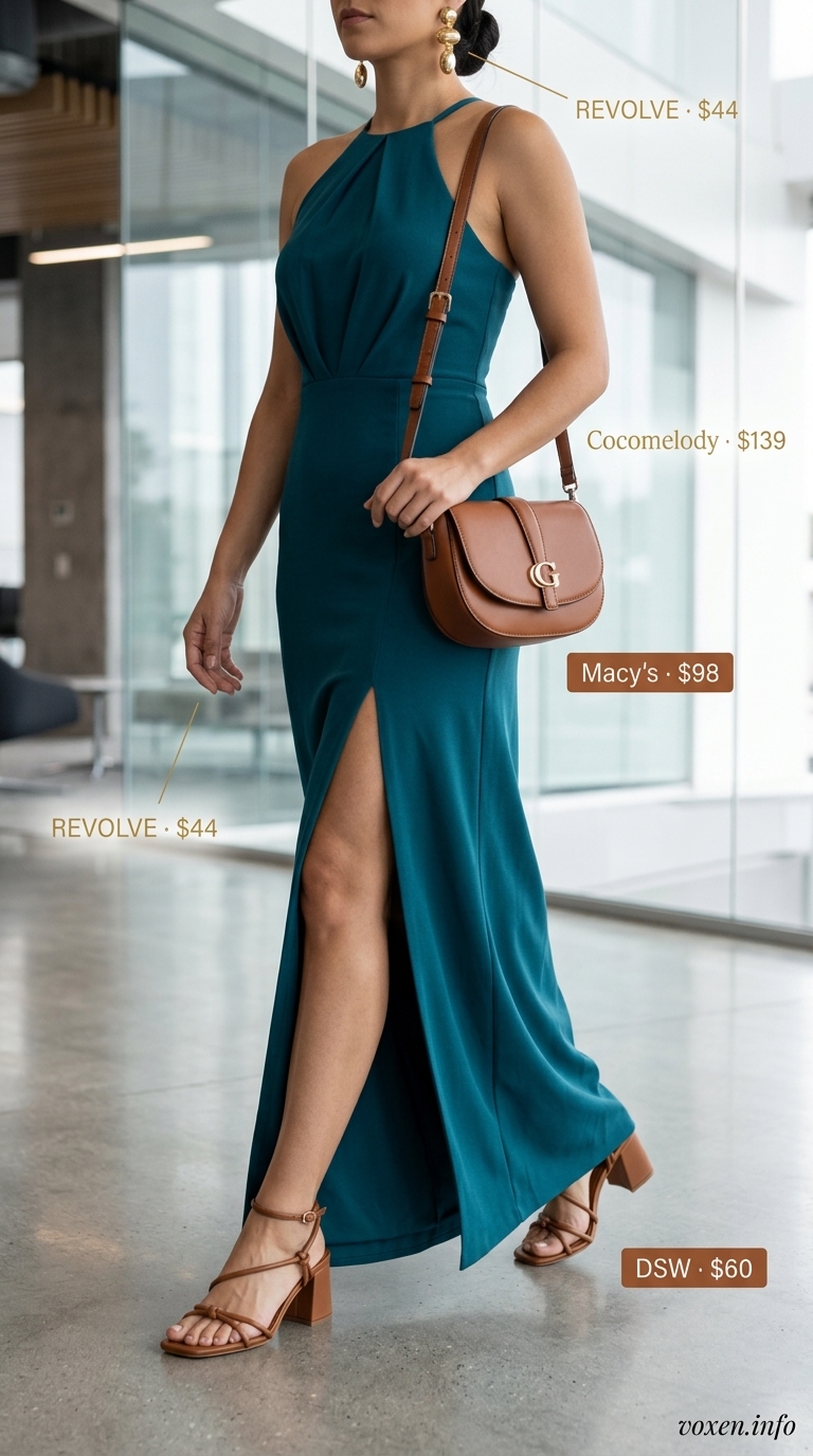 Teal column dress for summer work outfits for the office for women 2026. Graceful and confident with cognac sandals.