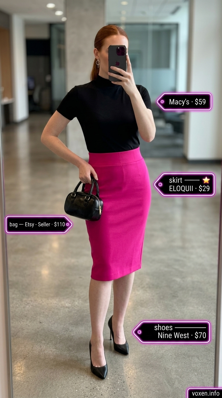 Fuchsia pencil skirt for summer work outfits for the office for women 2026. Bold and edgy with black knit top.
