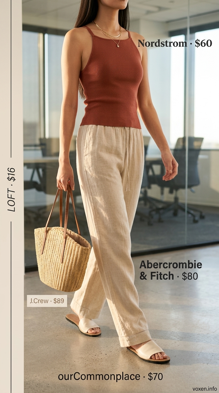 Natural beige linen pants for summer work outfits for the office for women 2026. Comfortable and relaxed with terracotta top.