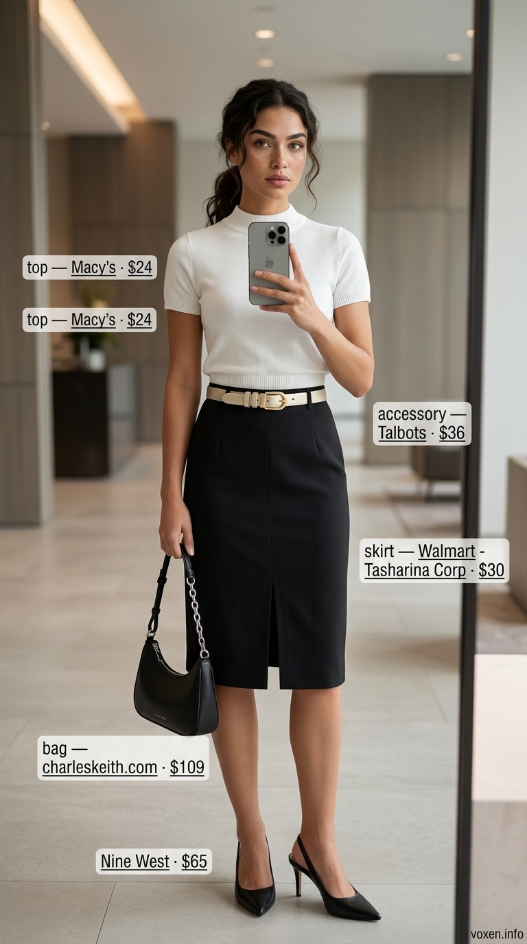 Black pencil skirt outfit for summer work outfits for the office for women 2026. Sleek and professional with cream knit top.