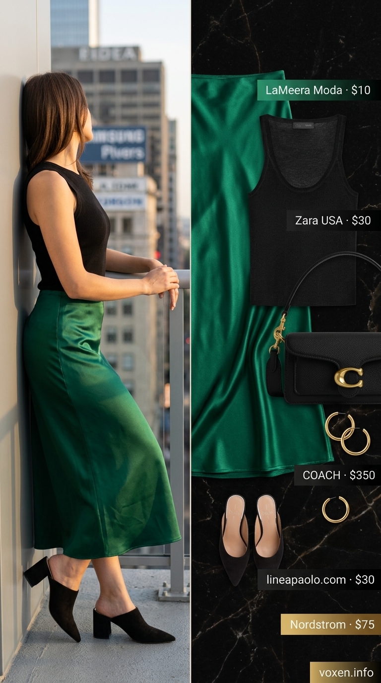 Emerald green pleated skirt for summer work outfits for the office for women 2026. Artistic and elegant with black knit top.