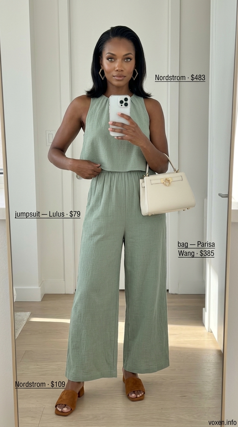 Sage green jumpsuit for summer work outfits for the office for women 2026. Sophisticated look with tan sandals and gold jewelry.