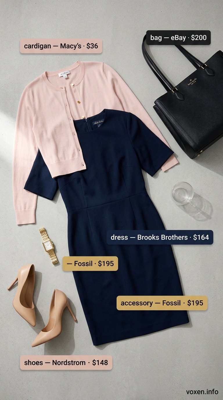 Navy sheath dress for summer work outfits for the office for women 2026. Authoritative and sophisticated with nude pumps.