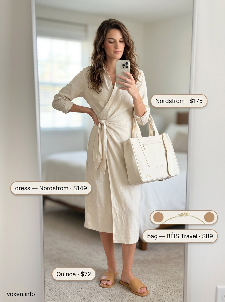 Minimalist summer wrap dress outfits for women 2026: Beige linen-viscose midi wrap dress, nude slides, tote bag, gold bracelet.