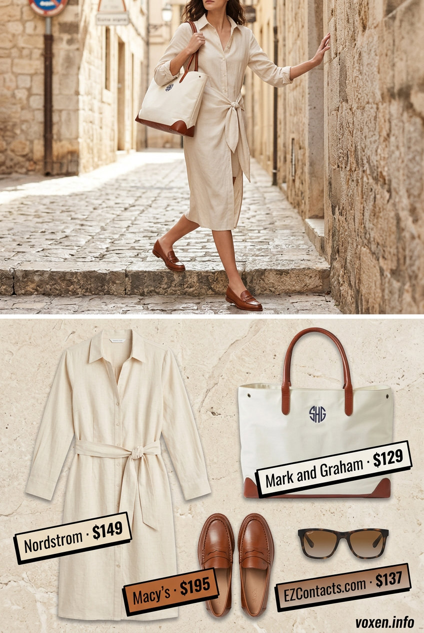 Beige linen midi wrap dress for weekend getaways. Effortless chic with loafers and tote bag.