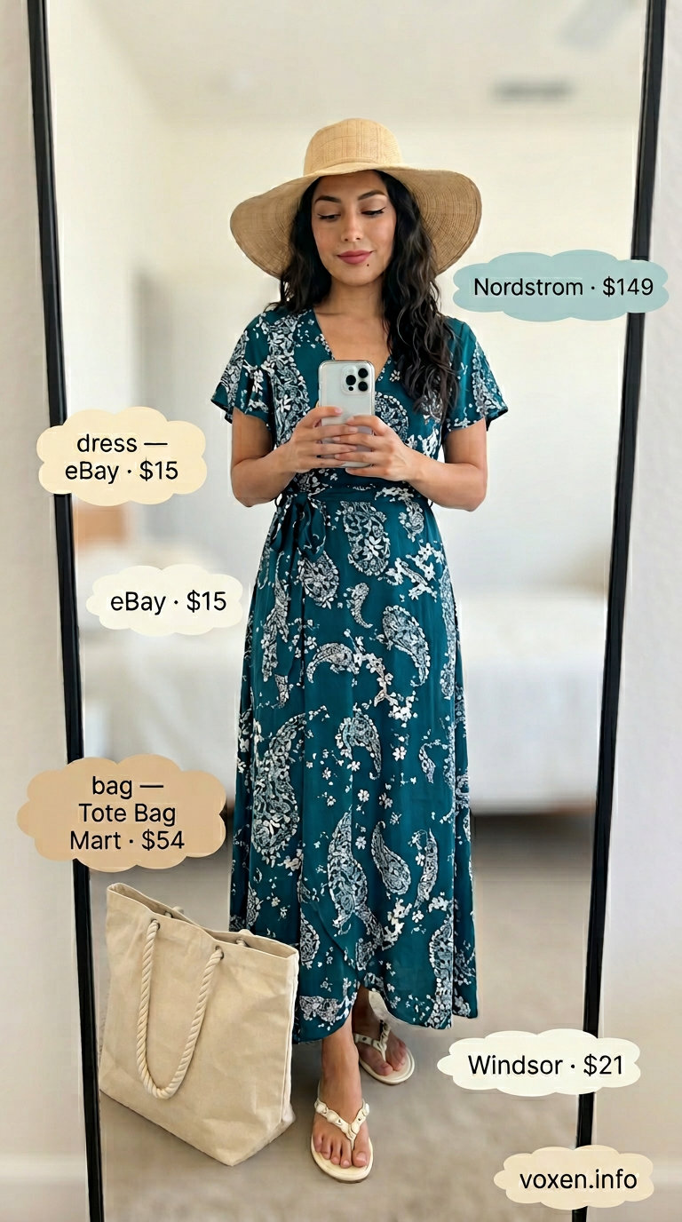 Teal paisley maxi wrap dress for beach cover-up 2026, bohemian resort wear style.