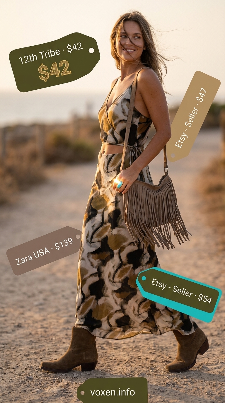 Abstract print maxi wrap dress for festivals 2026, bohemian summer outfit.