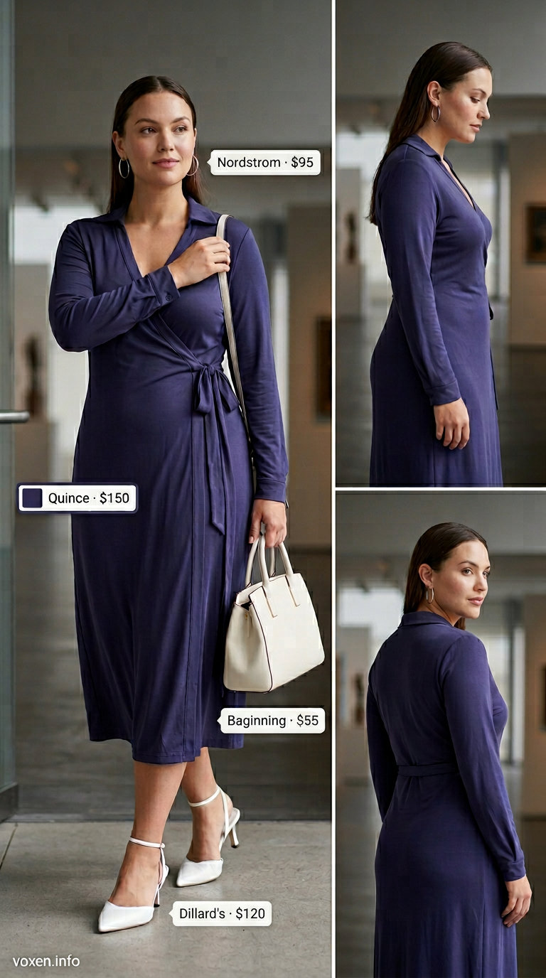 Navy blue midi wrap dress for business casual events 2026, sophisticated summer look.