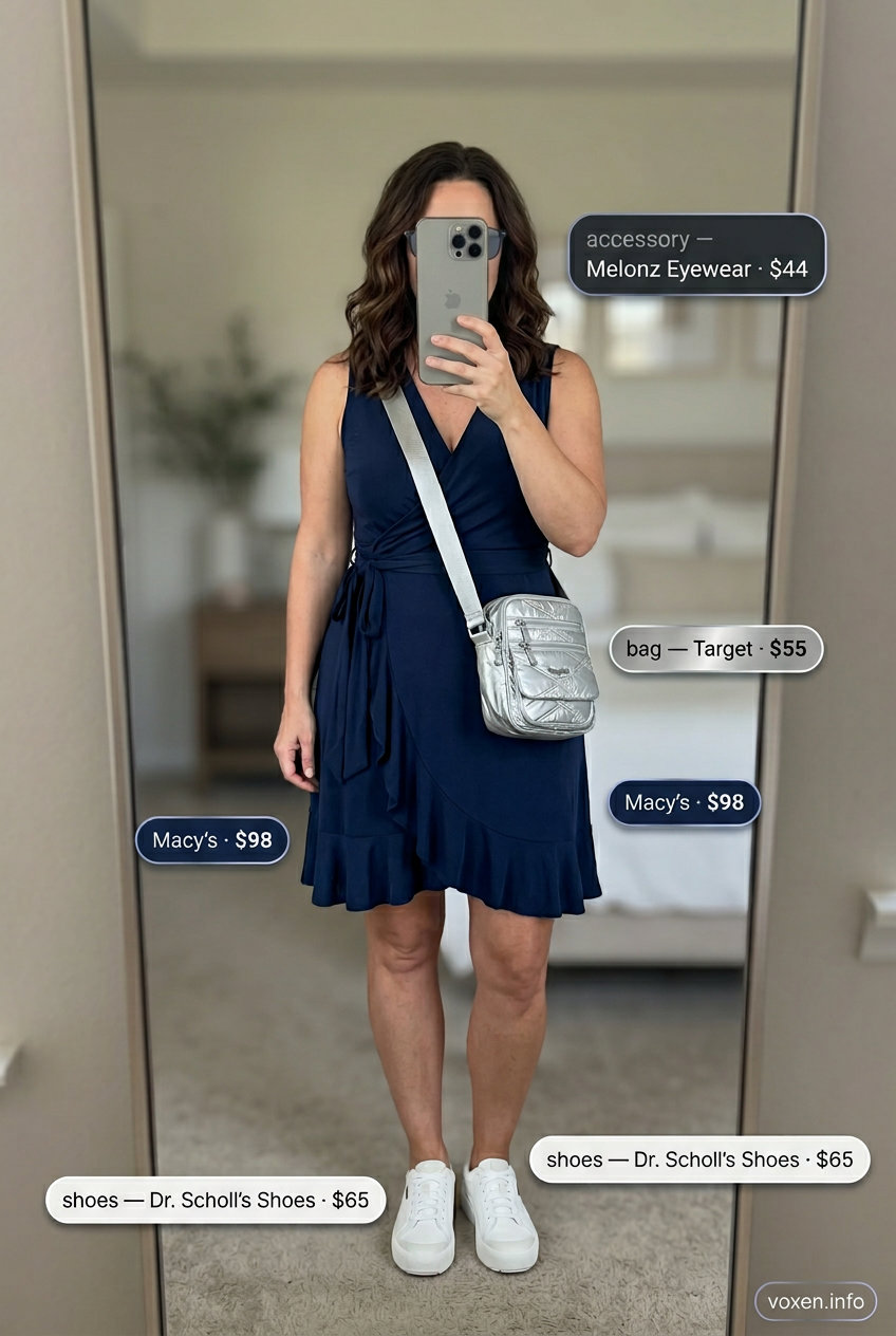 Navy wrap dress travel outfit for women 2026, ideal for city exploration and sightseeing.