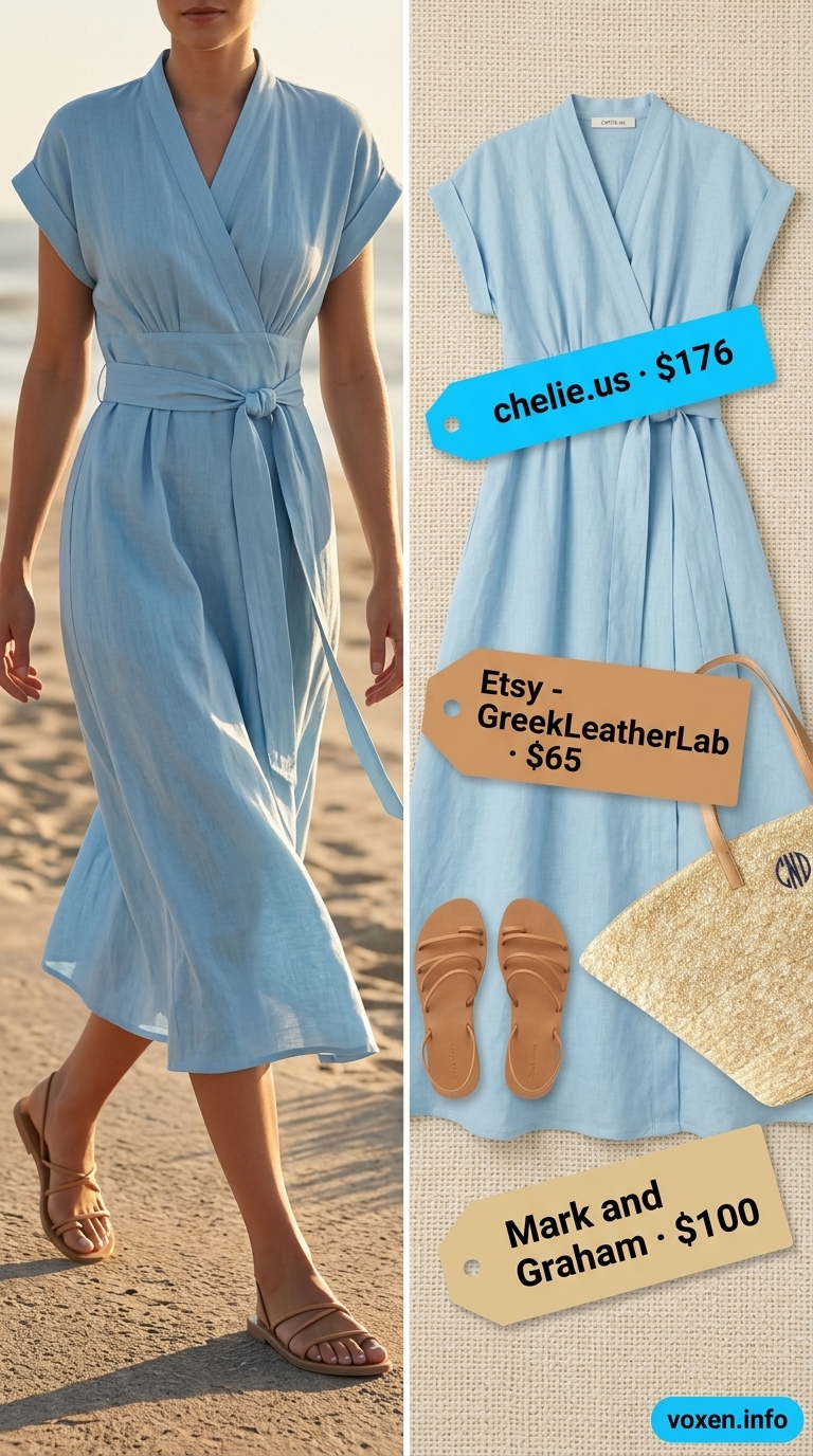 Sky blue linen wrap dress outfit for women 2026, perfect for beach vacations and summer brunch.