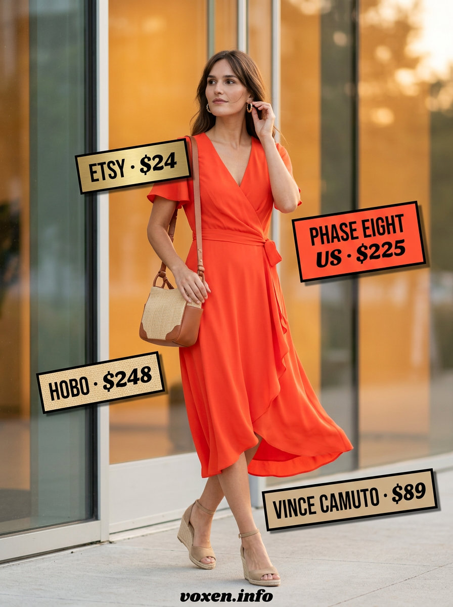 Bright coral midi wrap dress for sunset cruises. Vibrant chic with espadrilles and woven bag.