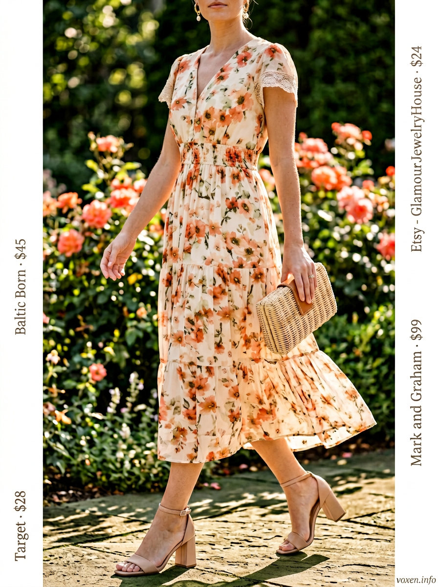 Coral floral print midi wrap dress for garden parties. Romantic style with block heels and straw clutch.