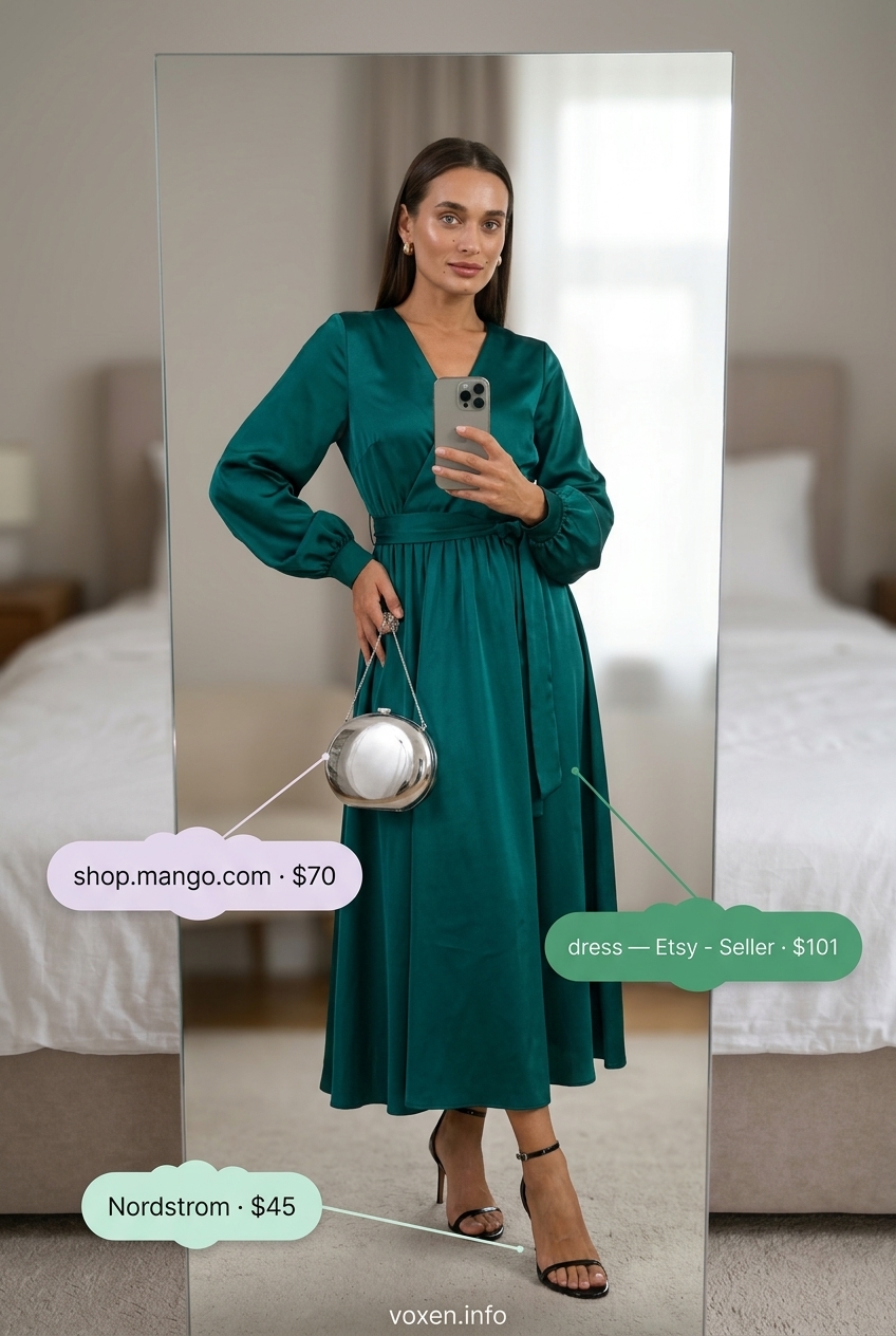 Elegant summer wrap dress outfits for women 2026: Emerald green satin midi wrap dress, black strappy heels, silver clutch, statement earrings.