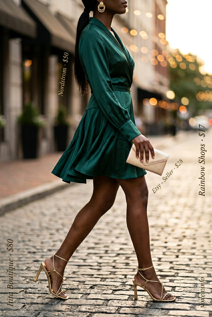 Glamorous summer wrap dress outfits for women 2026: Emerald green silk wrap dress, gold heels, gold statement earrings, gold clutch.