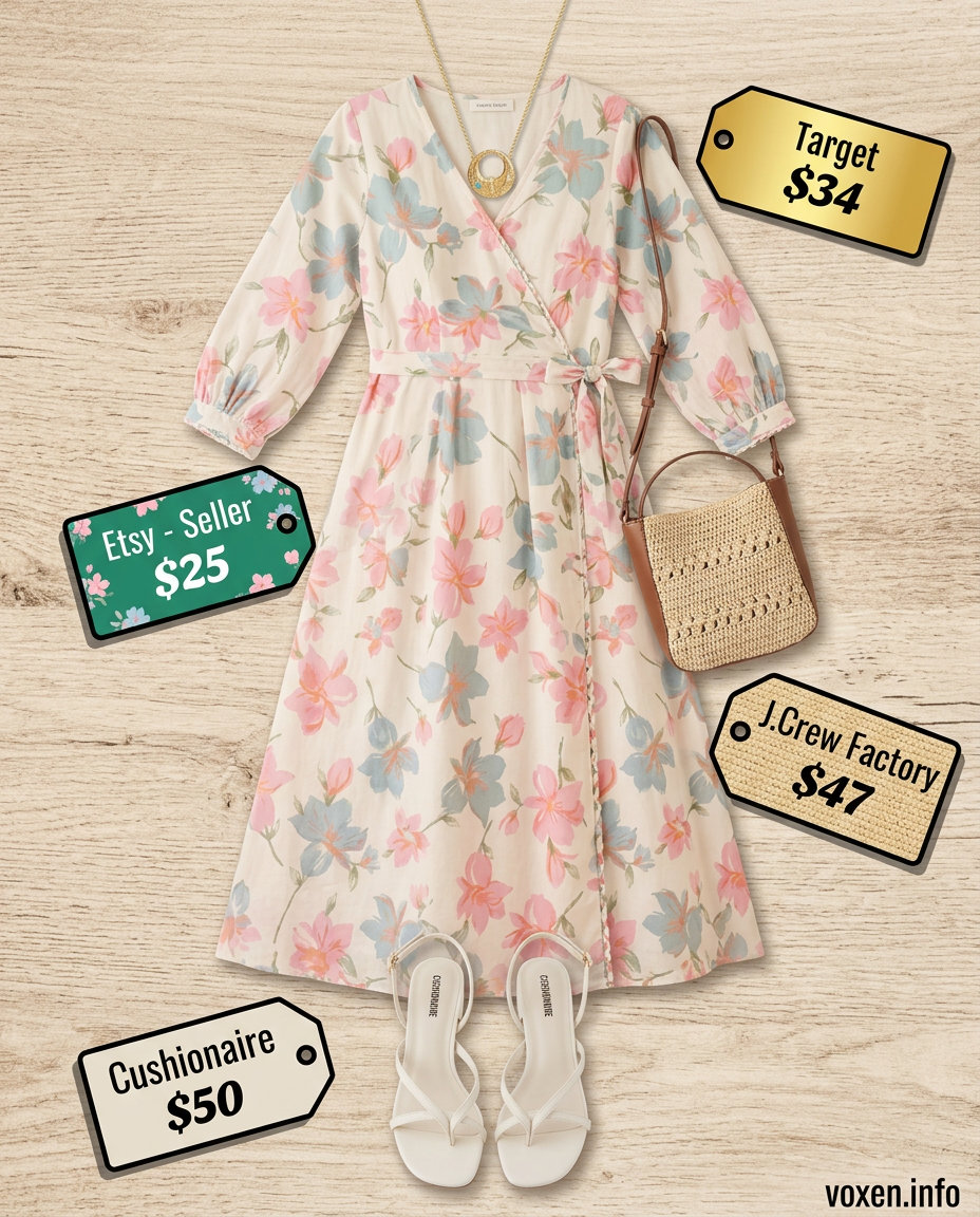 Pastel floral print midi wrap dress for weekend brunch. Feminine charm with sandals and crossbody.