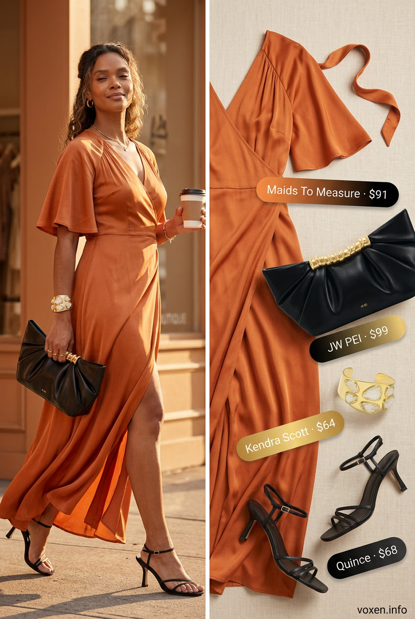 Vibrant summer wrap dress outfits for women 2026: Mango orange satin midi wrap dress, black heels, gold cuff, black clutch for a date night.