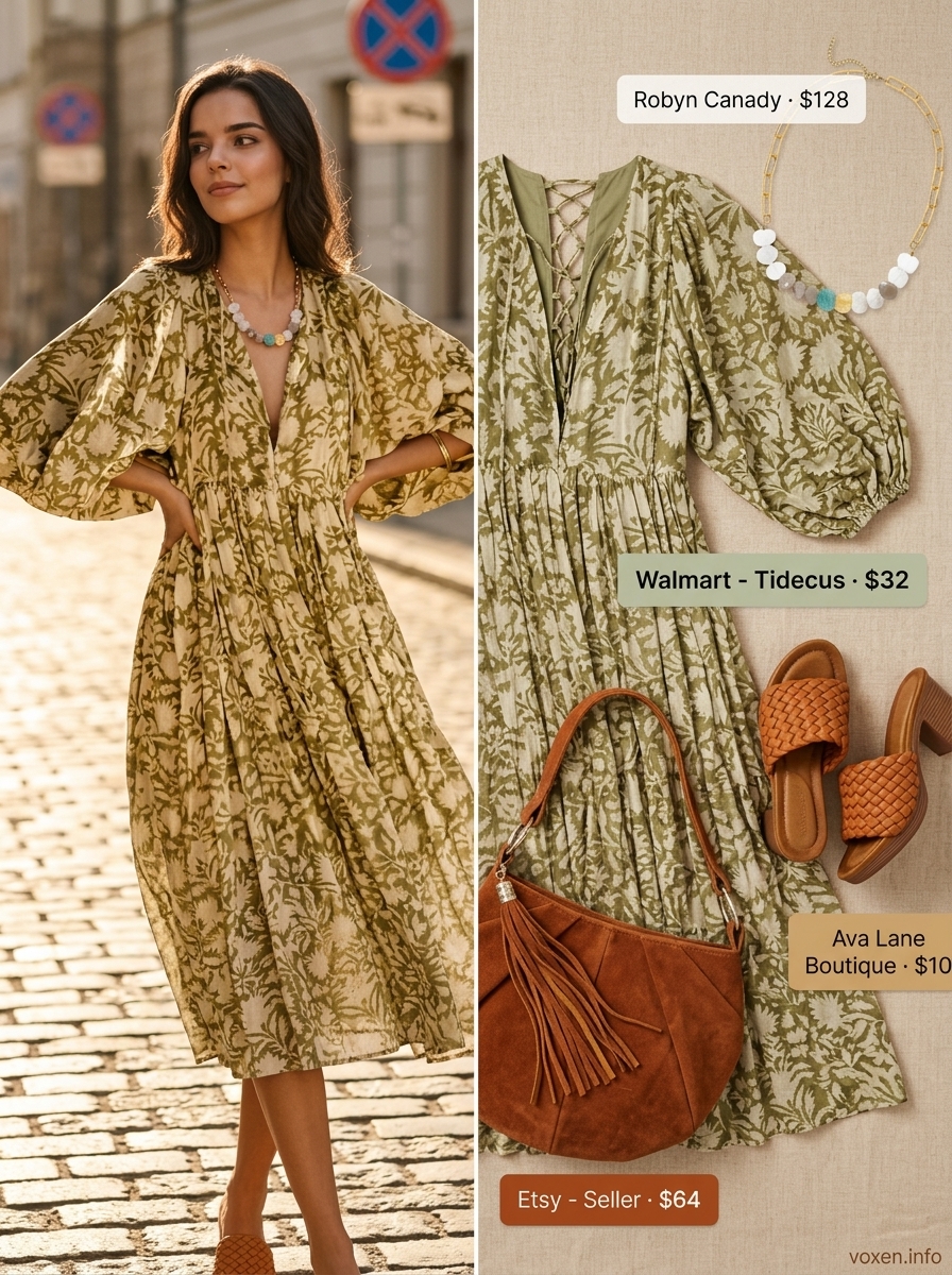 Boho summer wrap dress outfits for women 2026: Olive green patterned midi wrap dress, tan mules, terracotta bag, layered necklaces.