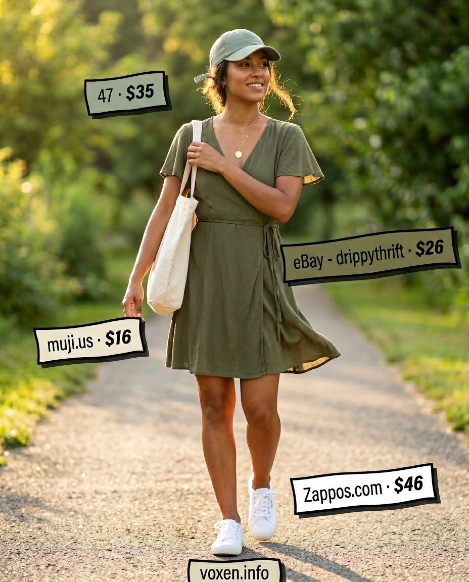 Casual summer wrap dress outfits for women 2026: Olive green midi wrap dress, canvas sneakers, baseball cap, canvas tote bag.