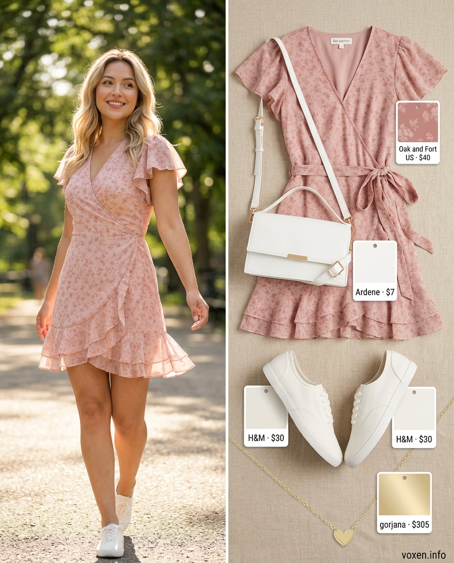 Chic summer wrap dress outfits for women 2026: Pink floral mini wrap dress, white sneakers, crossbody bag, gold necklace for a picnic.