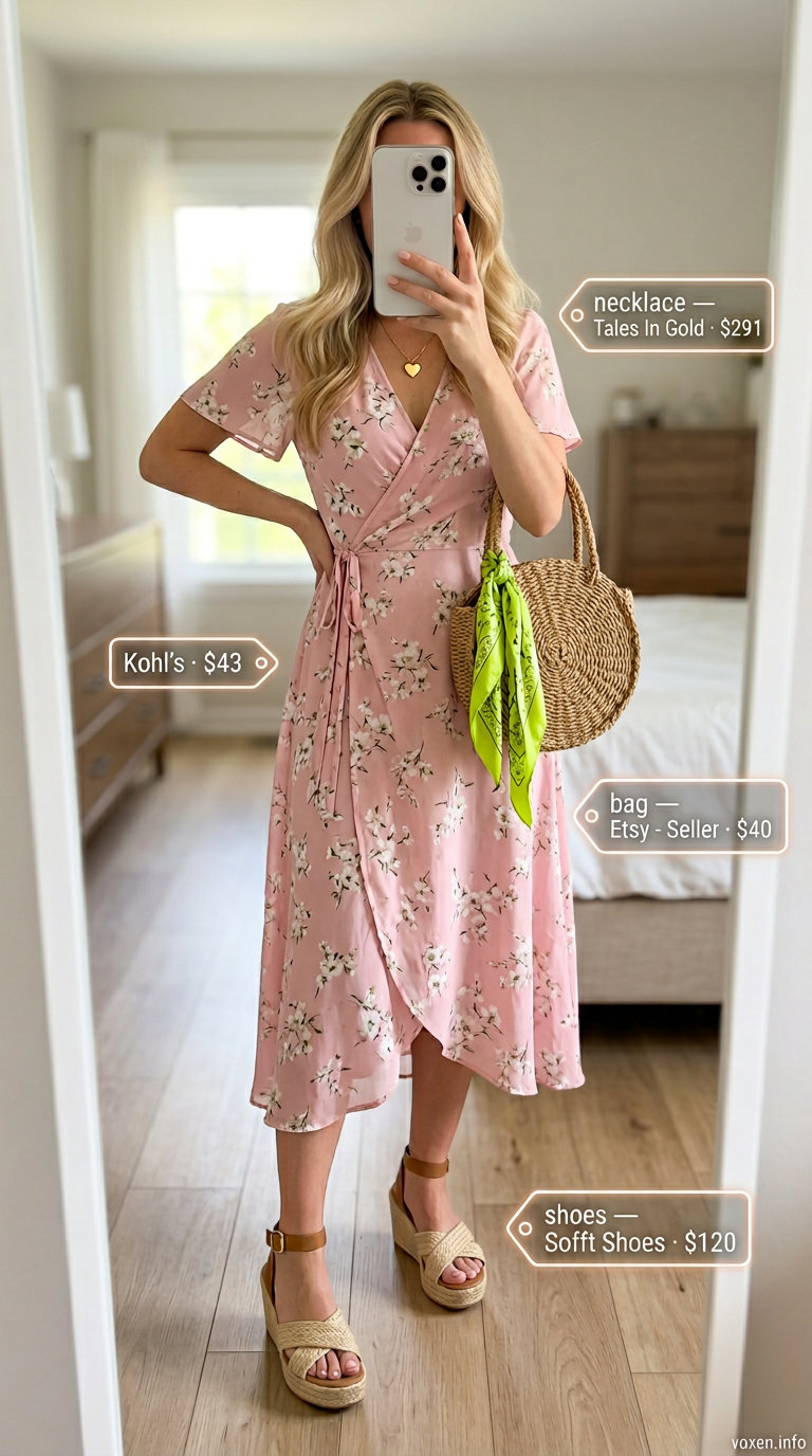 Playful summer wrap dress outfits for women 2026: Pastel pink floral midi wrap dress, espadrilles, straw basket bag, gold necklace.